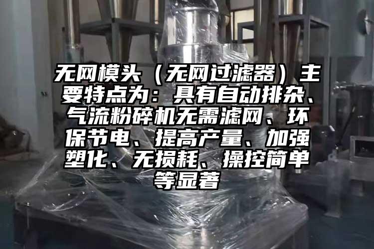 無網(wǎng)模頭（無網(wǎng)過濾器）主要特點(diǎn)為：具有自動(dòng)排雜、氣流粉碎機(jī)無需濾網(wǎng)、環(huán)保節(jié)電、提高產(chǎn)量、加強(qiáng)塑化、無損耗、操控簡單等顯著